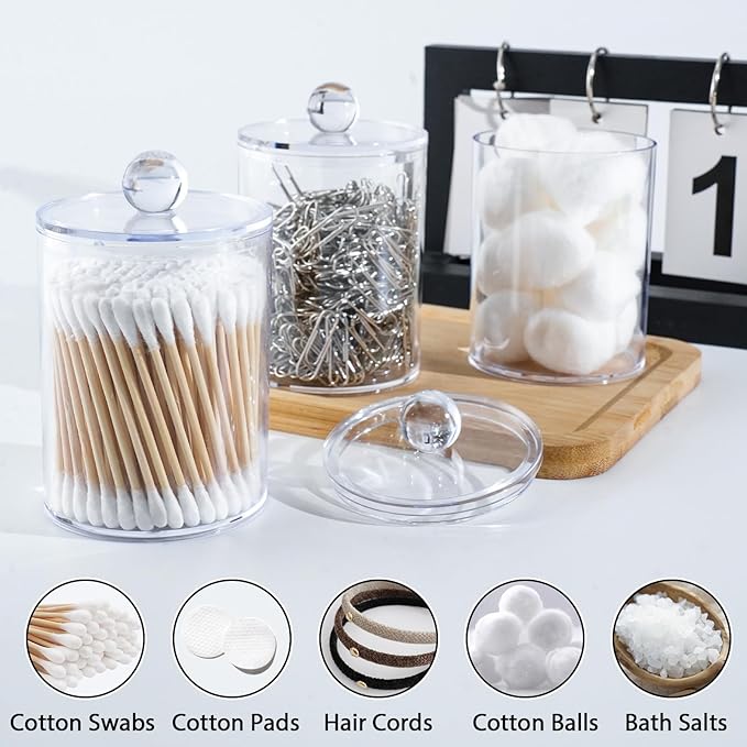 XIPENGKEJI 2 Pack Qtip Holder,Canister Apothecary Jar Set, Bathroom Jars with Lids Set for Cotton Swabs, Balls, Pads, Floss Picks,10oz-12oz Plastic Canisters Restroom Bedroom Vanity Organizer(Clear)