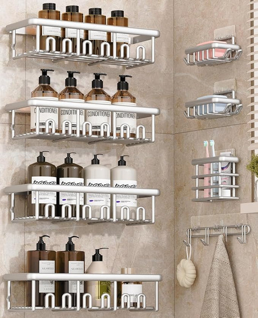 8 Pack Adhesive Rustproof Shower Caddy with Soap Dishes, Silver
