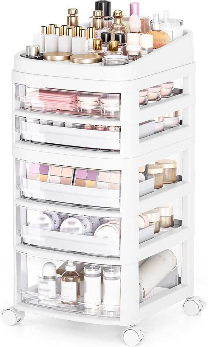 Rolling Cart with 5 Drawers, Clear Plastic Drawer Organizers