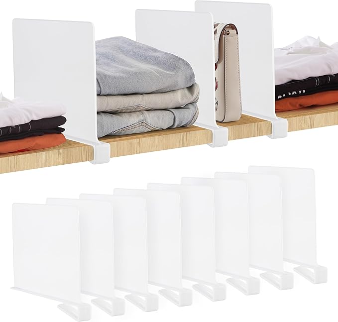 JOY DECOR 8 Pack Acrylic White Shelf Dividers for Closets Organizer and Storage Adjustable Vertical Wood Shelf Closet Separators for Clothes,Book,Bags in Bedroom and Kitchen
