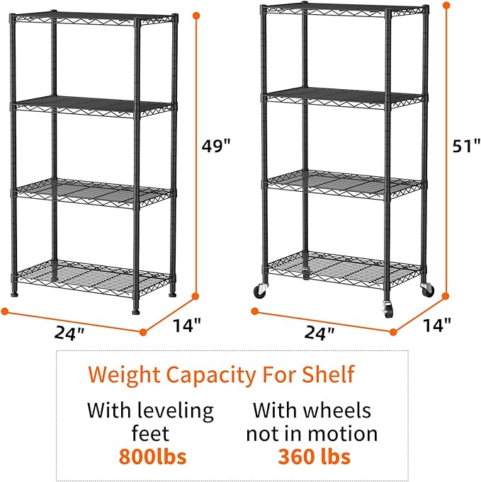 SINGAYE 4 Shelf Storage Wire Shelves Closet Bathroom Organizers Metal Pantry Kitchen Garage Shelving Unit Laundry Room Organization Home Narrow Rack Net Basket with Wheels Black