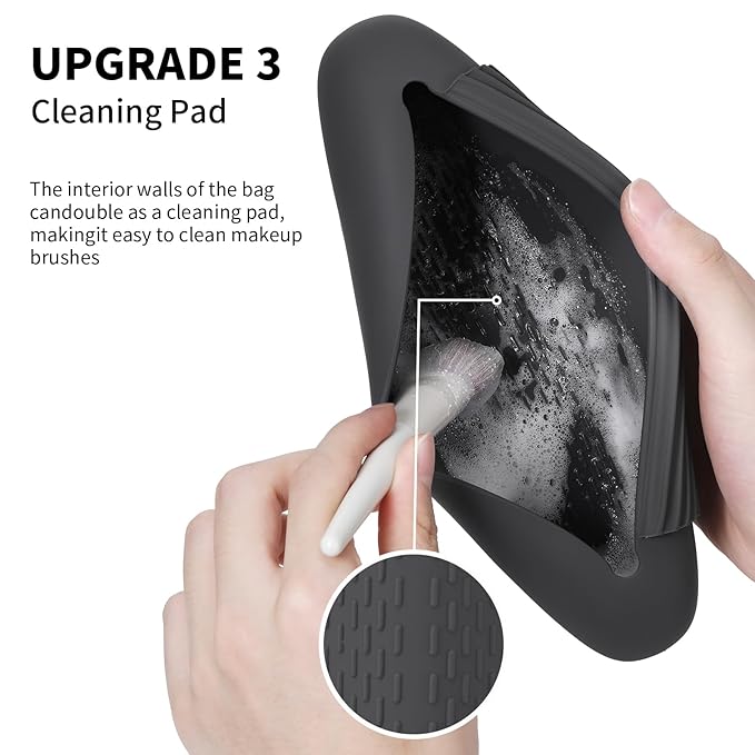 AGIKET 2 IN 1 Silicone Makeup Brush Holder with Beauty Make Up Sponge Holder Case：Soft Portable Cosmetic Face Brushes Holder with Upgrade Anti-Fall Out Magnetic Closure - Grey