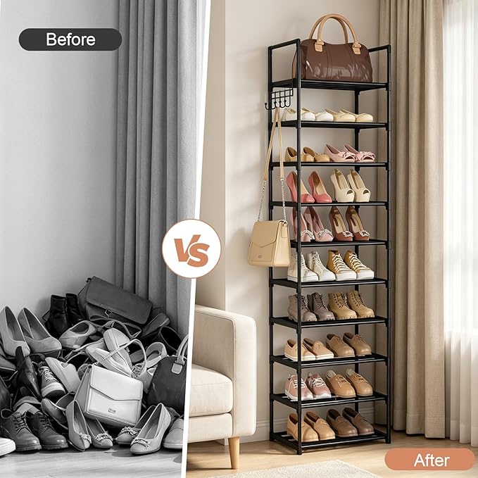 Narrow Shoe Rack 10 Tiers Tall Shoe Rack for Entryway Closet 20 24 Pairs Shoe & Boots Organizer Storage Shelf Durable Black Metal Stackable Shoe Cabinet with Hooks, 17.1D x 11.8W x 78.7H in