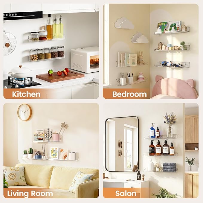 SpaceWhisper Floating Shelves for Wall, 2-Pack 15" Wall Shelves for Bathroom, Bedroom, Kitchen, Living Room, Display Hanging Shelf Organizer for Book, Picture Ledge, Figure Storage, Room Decor (Clear)