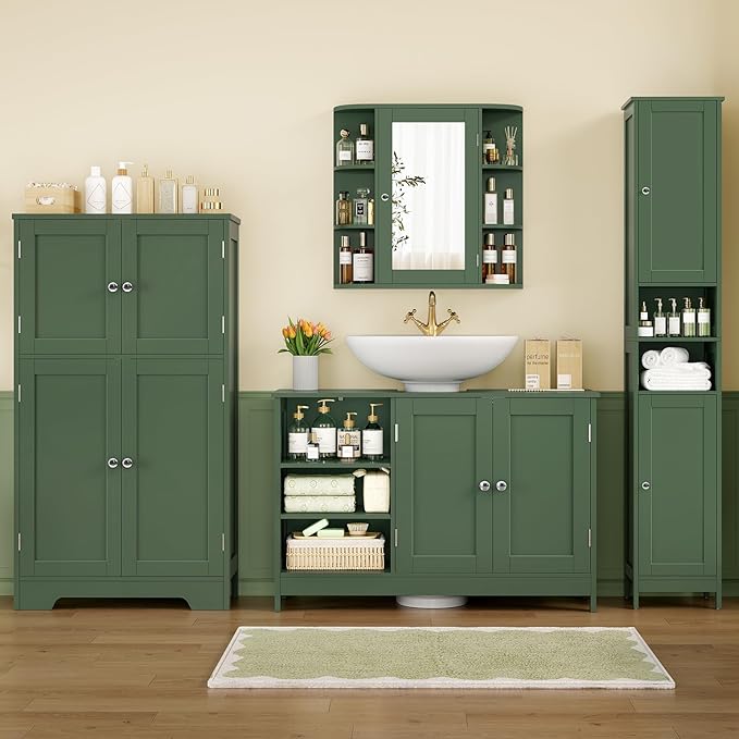 TEENFON 35.4" Pedestal Sink Storage Cabinet with 2 Doors and Adjustable Shelves, Bathroom Sink Cabinet, Under Sink Storage with U-Shape Cut-Out, Green