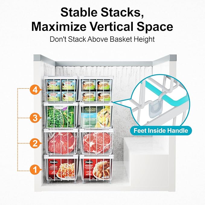 iSPECLE Chest Freezer Organizer Bins - Fits 7 Cu.Ft Deep Freezer, 3 Pack Stackable Wire Baskets(14.7" Length), Heavy Duty Coated Freezer Organizer, Rust Resistant for Frozen Food Sorting, White