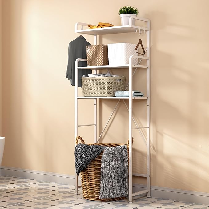 Huhote Over The Toilet Storage Rack with 3-Tier Bathroom Shelves, Space Saver Toilet Shelf, Bathroom Storage Organizer with Hooks for Over Toilet Storage and Shelf (White)