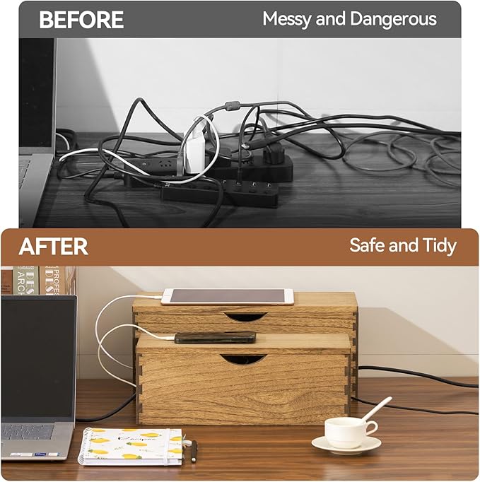 KIRIGEN Wooden Cable Management Box Set of 2 - Solid Wood Large & Small Cord Organizer Hides Power Strips, Chargers & Wires for Desk, TV Stand, Home Office Brown DXH2T-DBR