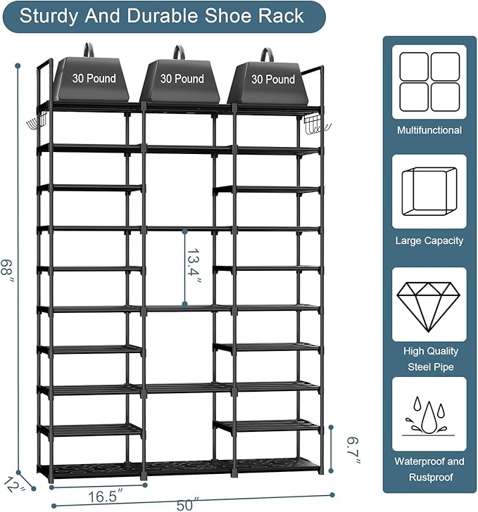 Kottwca 3 Row 10 Tier Large Shoe Rack Organizer for Closet Entryway, 60-65 Pair Shoe Boot Storage Rack, Metal Shoe Shelf Tall Vertical Stackable Shoe Stand for Bedroom Corner