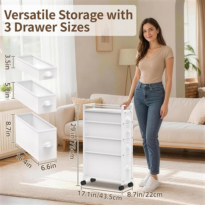 4 Drawer Narrow Slim Cabinet Skinny Storage Tower Chest, White
