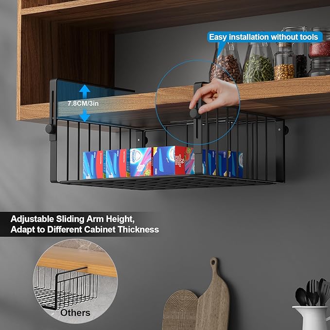 AmonHouseware 2 Pack Hanging Under Shelf Storage Basket,Adjustable Under Cabinet Add-on Storage Racks Slide-in Baskets Organizer for Laundry Room Kitchen Pantry Desk Bookshelf, Black