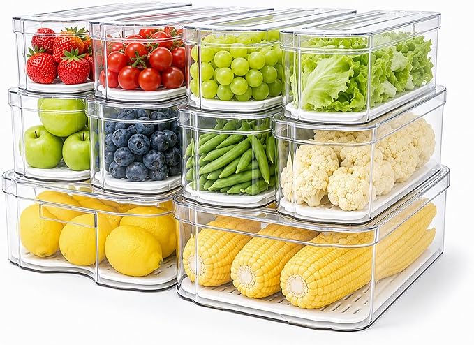 SMRCAD 10 Pack Refrigerator Organizers, Clear Container and Organizer Bins with Lids, Stackable Storage Containers for Fruits, Vegetable (Set of 10)