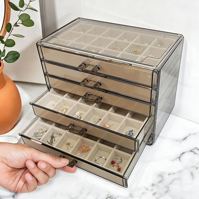 Acrylic Earring Holder Organizer with 5 Drawers Clear Earring Organizer Box with 90 Adjustable Grids Velvet Earring Display Case Jewelry Organizer for Earrings Rings Studs (Brown Beige)