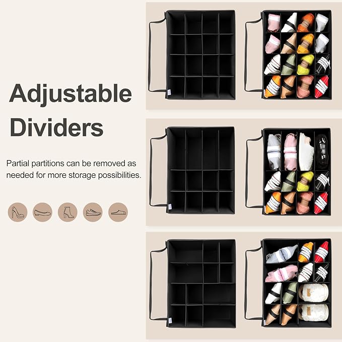 TOPIA HOME Shoe Organizer for Closet, Foldable Shoe Box with Adjustable Dividers and Clear Cover, Space Saving Shoe Storage Organizer Cabinet with Reinforced Handles, Fits 16 Pairs, Black, TP09B