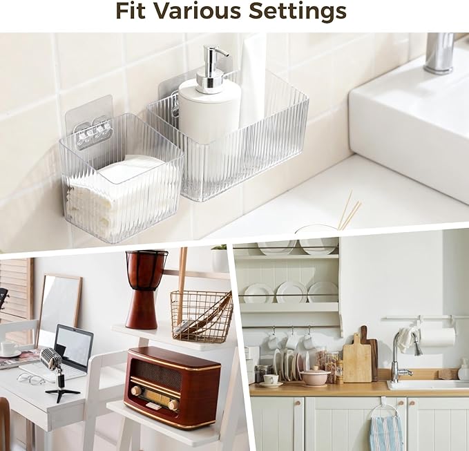 12 Pcs Storage Organizer Bins, Wall-Mounted Storage Baskets with Self-Adhesive Hooks, Clear Plastic Hanging Baskets, Stackable Storage Holders for Bathroom, Kitchen, Refrigerator