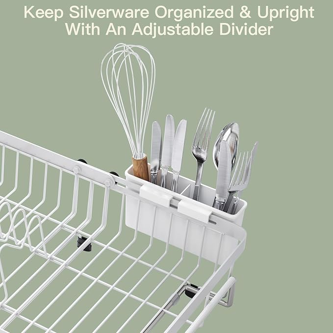MAJALiS White Dish Drying Rack Over The Sink, Expandable Stainless Steel Dish Drainer for Small Kitchen Counter Space Saving, RV Compact Plate Strainer in Metal with Hanging Adjustable Utensil Holder