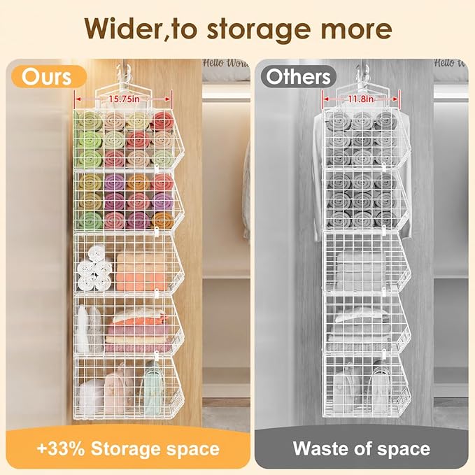 4" Extra Deeper Foldable Hanging Closet Organizer, Small Wire Cabinet Shelves and Storage with 5 S Hooks,4 Tier Metal Basket Bins for Clothes Sweaters Handbags, Wardrobe for Kitchen Laundry Room，White
