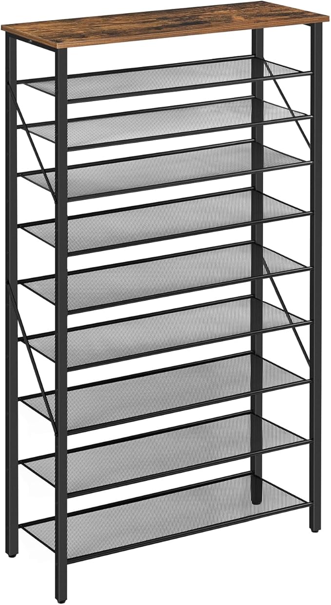 MAHANCRIS 10 Tier Shoe Rack Organizer for Closet, Holds 36-40 Pairs, Tall Metal Shoe Storage Shelf for Entryway Bedroom, Sturdy Freestanding Shoe Rack Space Saving, Large Capacity, Rustic Brown