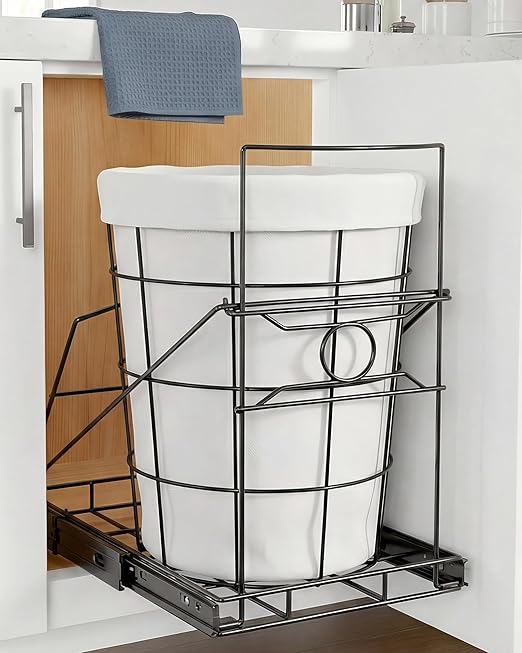 Pull Out Trash Can Holder, Adjustable Heavy Duty Cabinet Slide Out Kit for 7-11 Gallon Trash Cans, Under Sink Trash Can Rack with Smooth Ball Bearing Slides, Black, Trash Can Not Included