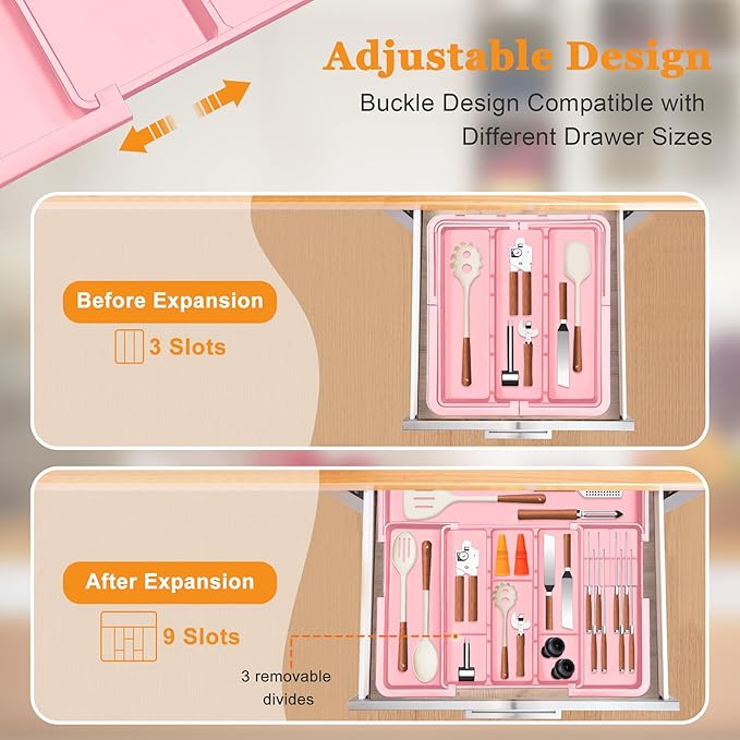 Utensil Drawer Organizer for Kitchen, Pink