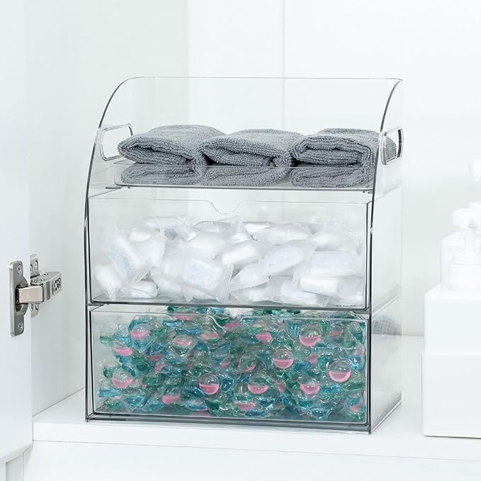 Clear Kitchen and Pantry Organizer with Drawer, Plastic Trash Bags and Dishwasher Pods Dispenser Holder Under Sink, Large Storage Container with Handle for Laundry and Bathroom
