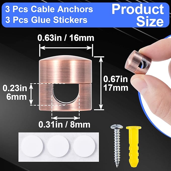 SmallCat 3 Sets Charger Holders for Cords, Red Bronze Color Adjustable Cable Anchor Holders, Adhesive Metal Cord Clips, Cable Management Wire Organizers for Desk, Office, Nightstand