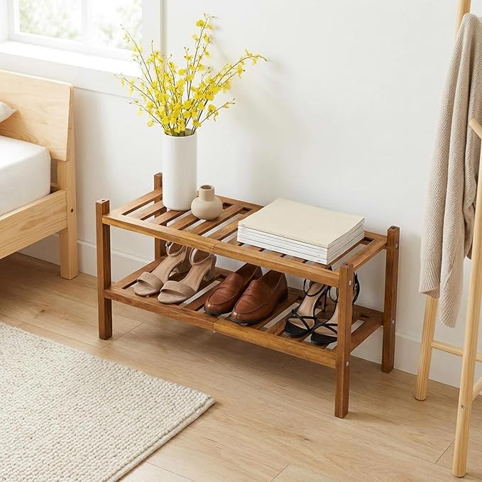 RELAX Natural Acacia Wood 2-Tier Folding Shoe Rack