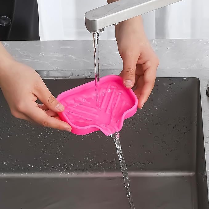 MicoYang Silicone Soap Dish with Drain Spout — Self-Draining Sink Organizer Tray for Bathroom & Kitchen, Holds Bar Soap, Sponges & Dispensers, Non-Slip & Dishwasher Safe, Rose Red (Small, 4.9"×3.2")