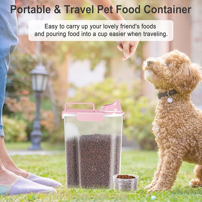 5-7LBS Upgraded Large Nozzle Cat Dog Food Storage Container BPA-free, Airtight Pet Food Storage Bin with 4 Lock Buckles, Sealing Gasket, Cup for Pet Food, Dog Treats, Rice, Flour, Dry-Pink