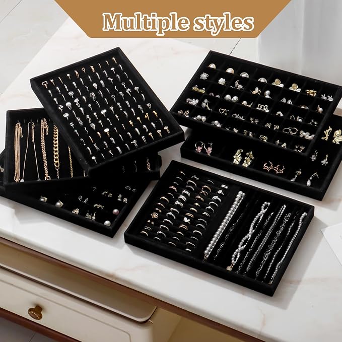Large Velvet Jewelry Tray 2 Pack Stackable Jewelry Display Drawer Inserts Trays Organizer for Earring Bracelet Necklace Ring (Black, 40 Grids)