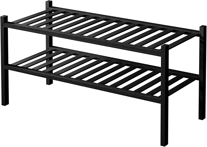 CRAFT 2 Tier Bamboo Shoe Rack for Closet Free Standing Wood Shoe Shelf, Black