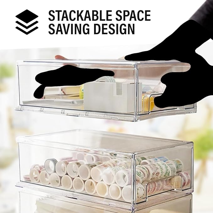 Clear Plastic Stackable Storage Drawers Bins, Perfect for Kitchen Pantry Organization and Storage, Under Sink Organizer, Pull Out Cabinet Organizer, Makeup, Bathroom Storage Containers for Organizing