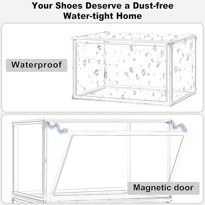 Size 14 Shoe Storage Organizer, Clear Stackable Shoe Boxes with Magnetic Door, Acrylic Sneaker Shoe Display Case, Plastic Shoe Organizer Containers for Sneakers, Fits up to Men’s Size 14, 1 Pack