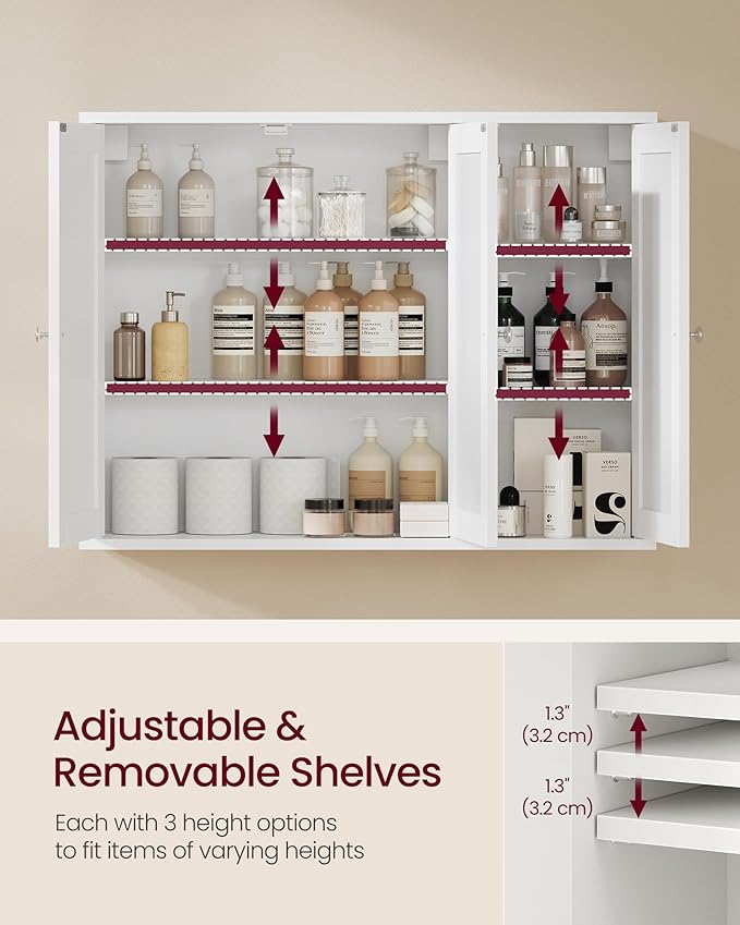 VASAGLE Siren Collection - Bathroom Wall Cabinet, Hanging Bathroom Storage Cabinet, for Medicines, Farmhouse, 4 Adjustable Shelves, 7.9 x 31.5 x 23.6 Inches, Cloud White UBBK350WB01S