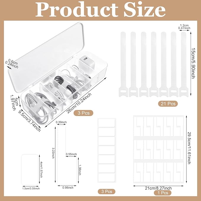Cable Organizer Box with Lid, 3 Pcs Cable Cord Storage Organizer Box with 21 Wire Ties 54 Cable Labels, 7 Compartments Charger Organizer for Office Drawer Desk Accessories Case