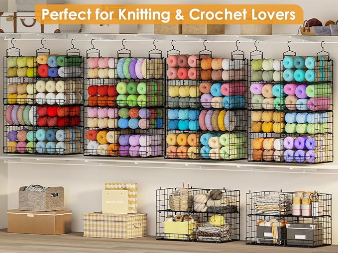 Hanging Closet Organizer with DIY Spacing, Double-Row Closet Hanging Shelves with 4 Adjustable Dividers & 6 Hooks, Heavy Duty Metal Closet Storage Organizer with Front Guard, Split into 2 Units