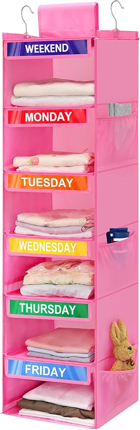 6-Shelf Weekly Clothes Organizer for Kids, Hanging Daily Closet Organization with 6 Side Pockets, Days of The Week Clothing Divider Storage for Boys and Girls (Pink)