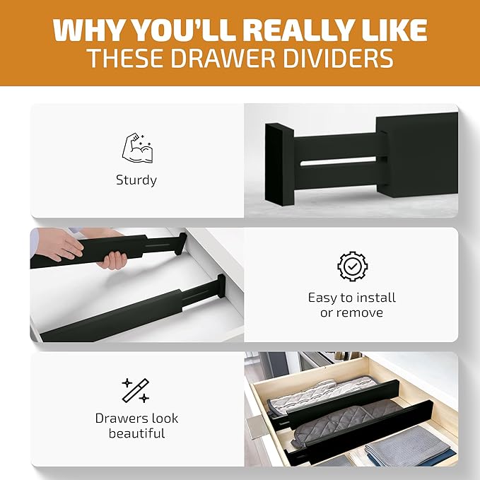 6-Pack Drawer Dividers - 2.6 Inches High, Adjustable 16 to 22 Inches Bamboo Drawer Organizer, Large Expandable Separator for Clothes, Dresser, Bedroom, Bathroom, Baby, Office, Kitchen Utensils, Black