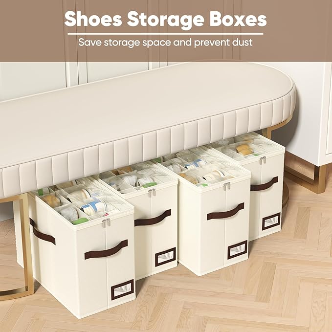 OIAHOMY 4 Pack Shoe Organizer for Closet, Foldable Shoe Storage Bins with Adjustable Dividers, Stackable Oxford Cloth Sneaker Boxes for Entryway Bedroom, Fits Up to 32 Pairs, Beige