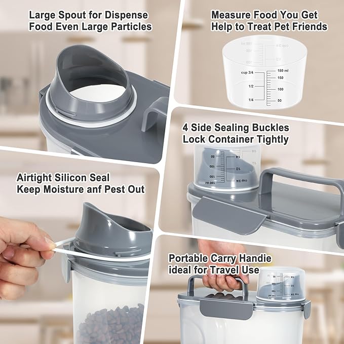 Dog Cat Food Storage Container 5-7 Lbs, Pet Food Container Airtight with Large Spout & Cup, BPA-Free Plastic Food Dispenser for Pet Food, Bird Seed, Rice, Flour (Dark Gray)