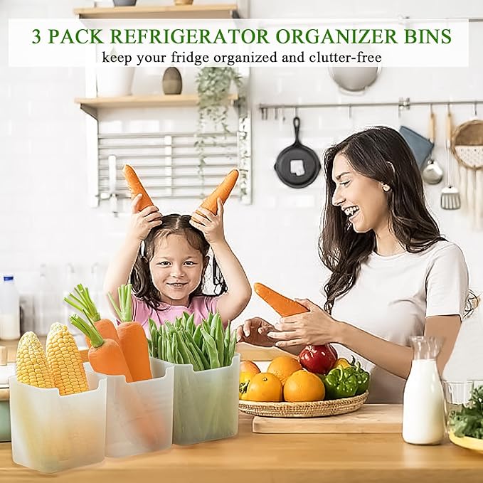 3 Pack Refrigerator Organizer Box, Plastic Refrigerator Side Door Storage Containers, Space-Saving Organizer Bins for Refrige, Refrige Drawers for Fruit and Vegetable (Clear, L×3)