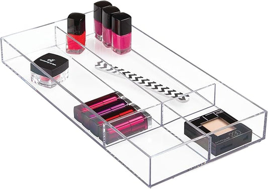 Clarity Plastic Divided Drawer Organizer, Storage Container for Vanity, Bathroom