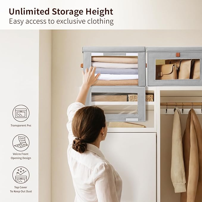 Homsorout Small Fabric Storage bins - Collapsible Storage Bins with Open Window, 5 Pack Closet Baskets for Shelves, Stackable Decorative Boxes for Home, Dorm, Grey, 13.7"x 9.8" x 9.8"