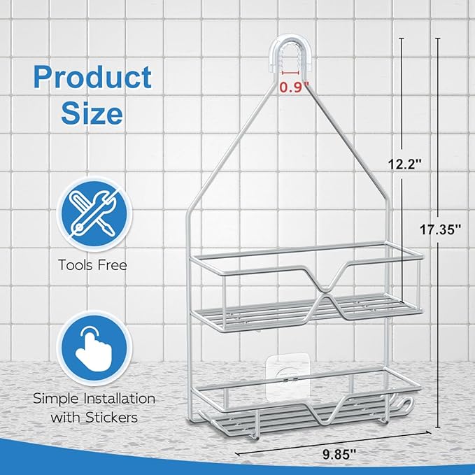Rustproof Shower Caddy, Hanging, Stainless Steel, 4 Hooks, 2 Shelves, Non-Slip