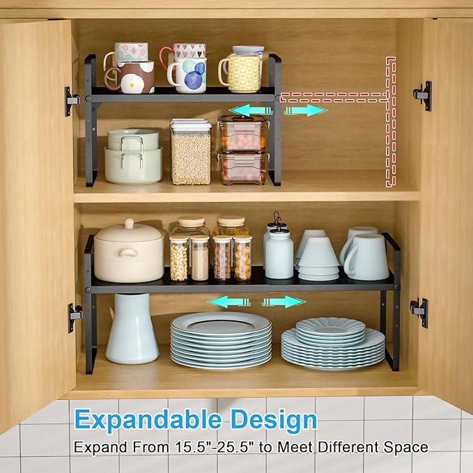 15.5 to 25.5 Inch Kitchen Cabinet Shelf Organizers, Adjustable Kitchen Counter Shelf Organizer, Set of 3 Expandable Countertop Storage Shelves, Stackable Design, 30LBS Heavy Duty, Space Saver