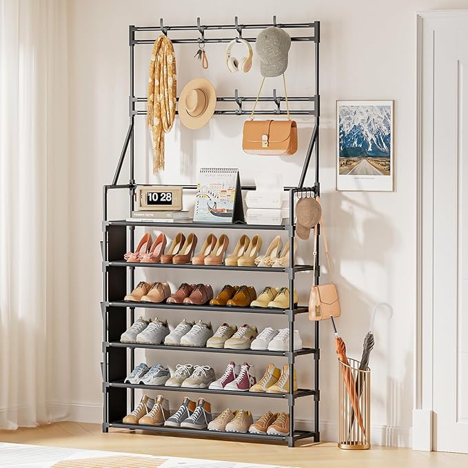 OYREL Shoe Rack 6 Tier Shoes Organizer 24-30 Pairs Shoe Racks for Closet Front Door Entrance Large Capacity Space Saving Shoe Storage Organizer with Multifunctional 5 Hooks and Side Pocket