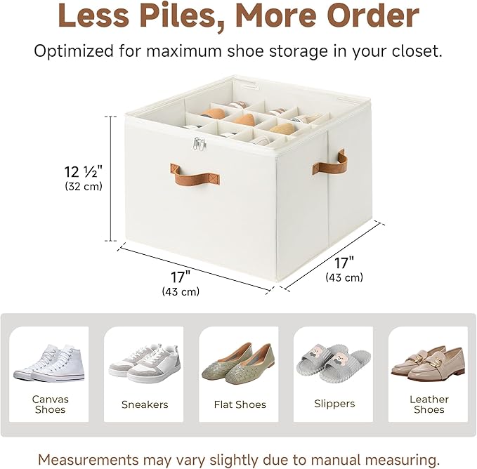 StorageWorks Shoe Organizer for Closet, Shoe Storage Cubby Containers with Adjustable Dividers and Clear Cover, Fits up to 16 Pairs, Foldable Shoe Storage Box for Closet, Entryway, Beige