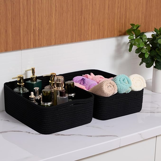 MiniArk Large Shallow Organizing Baskets 15x11x5.1 Inches - Rope Woven Storage Bins for Bathroom, Shelves, Cube Closet, Black 4 Packs
