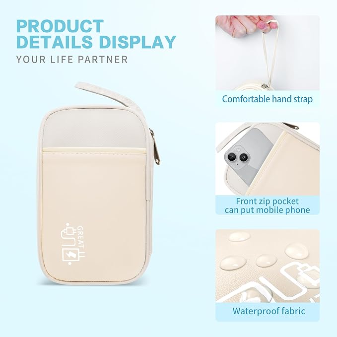 Lcsmaokin Electronics Travel Organizer,Portable Waterproof Electronic Travel Storage Bag for Small Charging Cord Storage,Charger,Small Electronics,SD Card etc,for Travel,Business -Beige