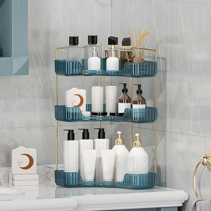 Corner Bathroom Counter Organizer Bathroom Countertop Shelf Makeup Organizer for Vanity Perfume Tray for Corner Storage (3 Tiers, Blue)